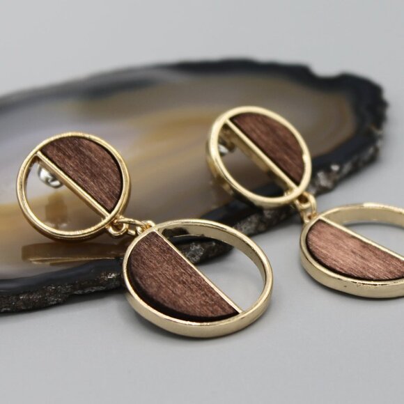 Jewelry earrings gold tone drop dangle elegant wooden modern fashion new - Picture 3 of 8